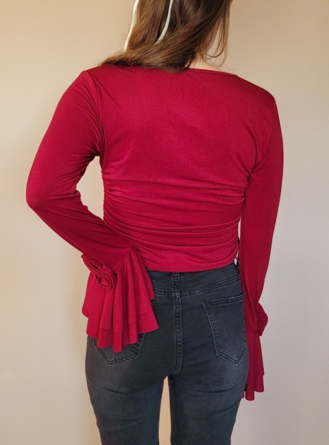 Bordowa Bluzka Na Długi Rękaw Z Falbaną