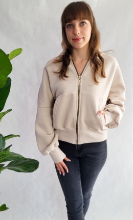 Zapinana Ocieplana Bluza z Kapturem Kremowa