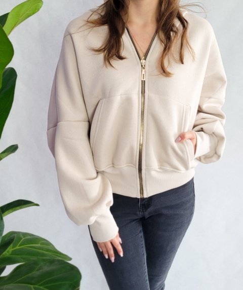 Zapinana Ocieplana Bluza z Kapturem Kremowa