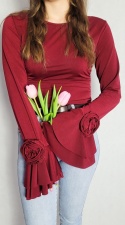 Bordowa Bluzka Na Długi Rękaw Z Falbaną