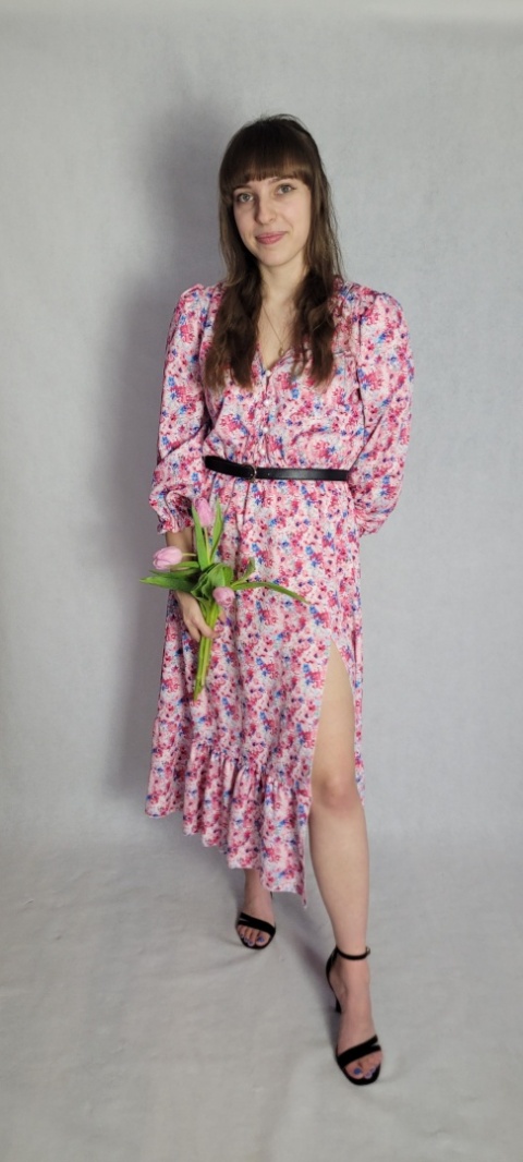 Scarlett Midi Róż Długi Rękaw