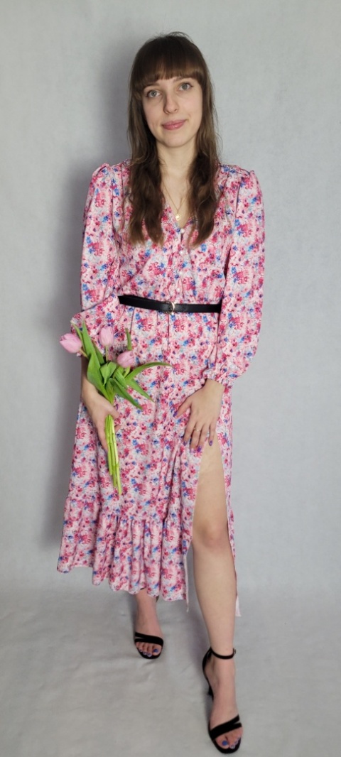 Scarlett Midi Róż Długi Rękaw